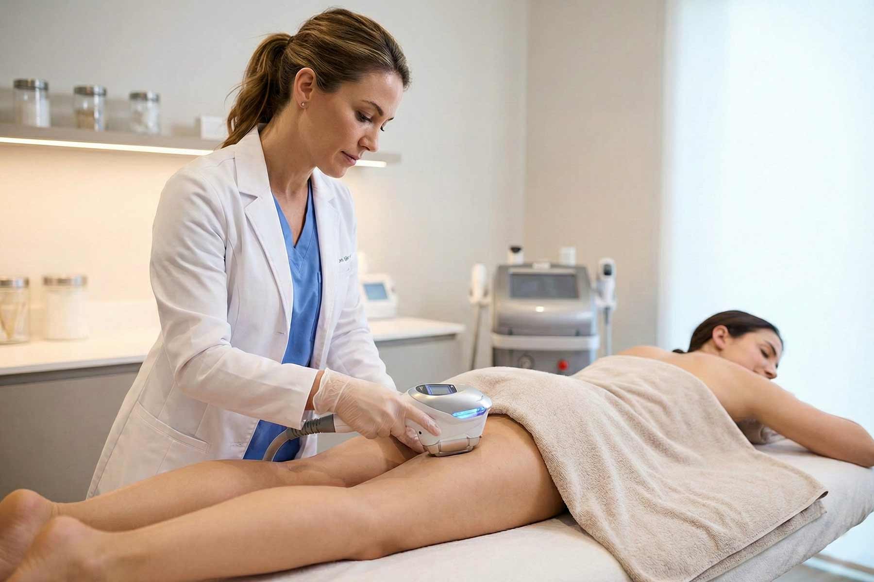 Aesthetic technician applying advanced cellulite reduction therapy on client's thigh in a modern treatment clinic