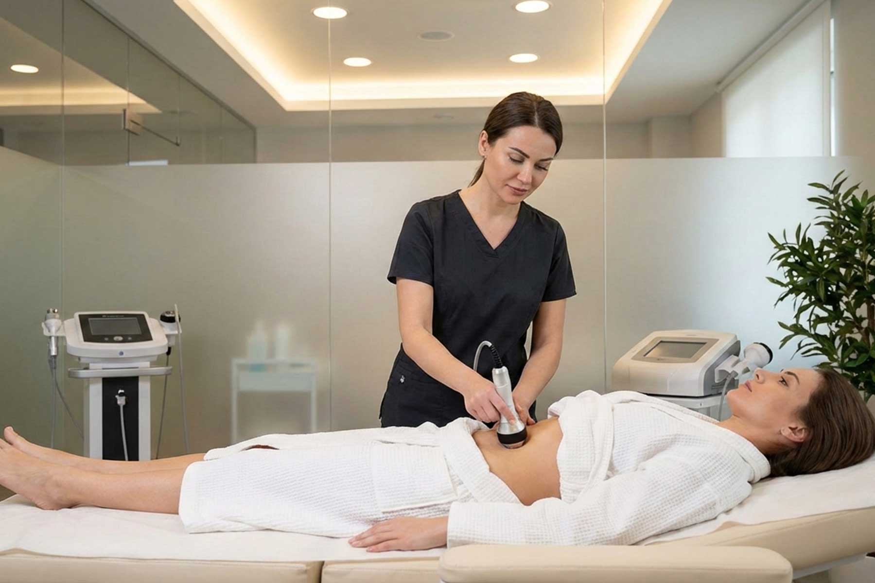 Esthetician performing body contouring on a client's abdomen to reduce belly fat