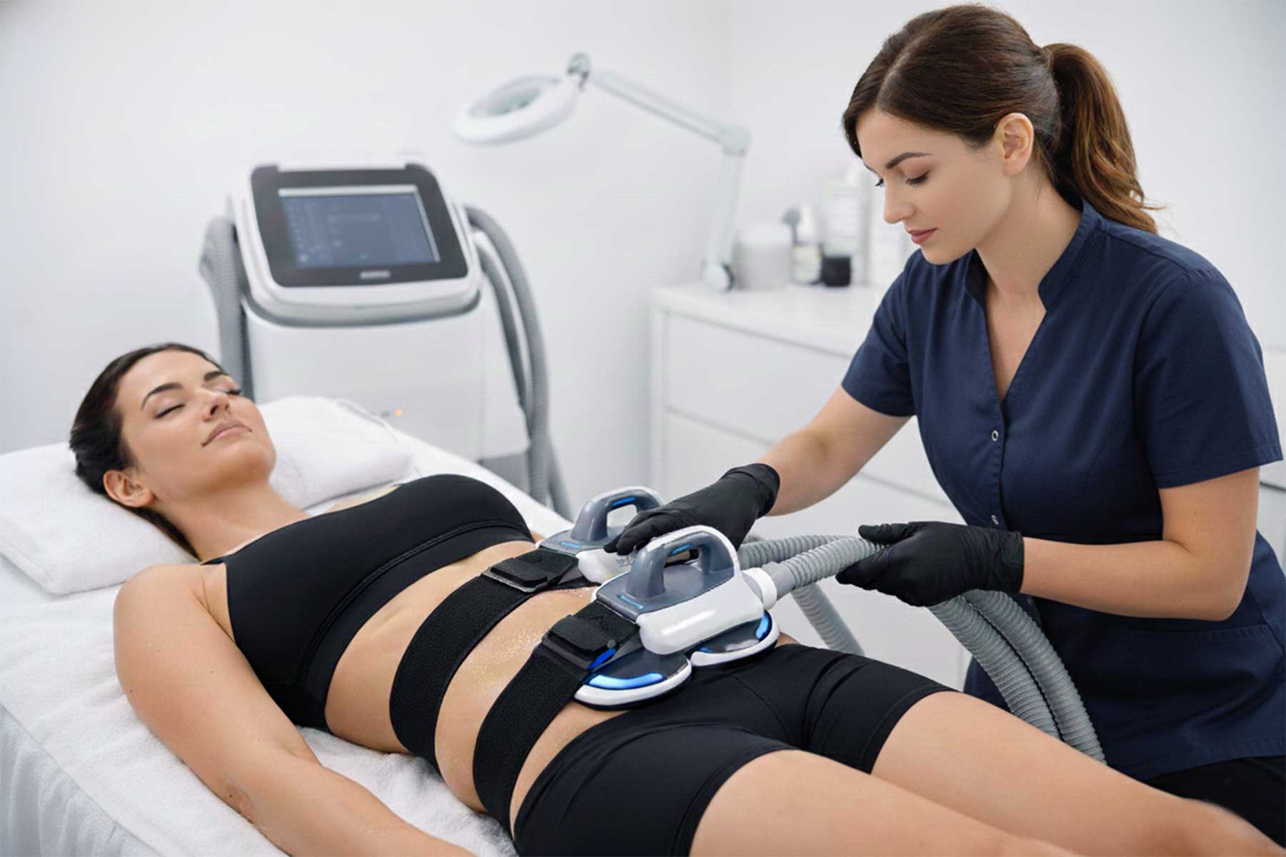 Esthetician performing body sculpting treatment on client's abdomen