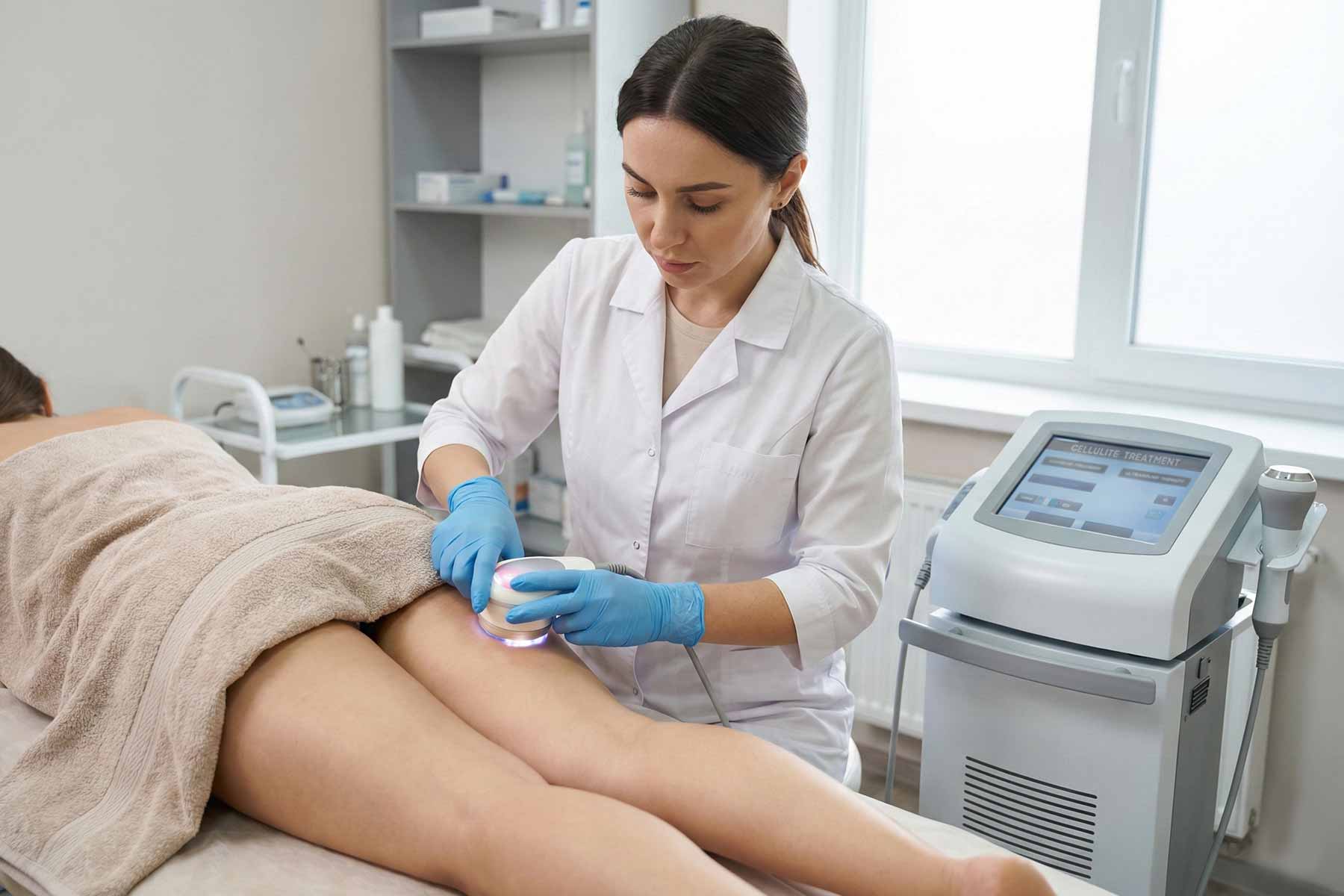 A professional aesthetician applying cellulite reduction treatment on client's thigh