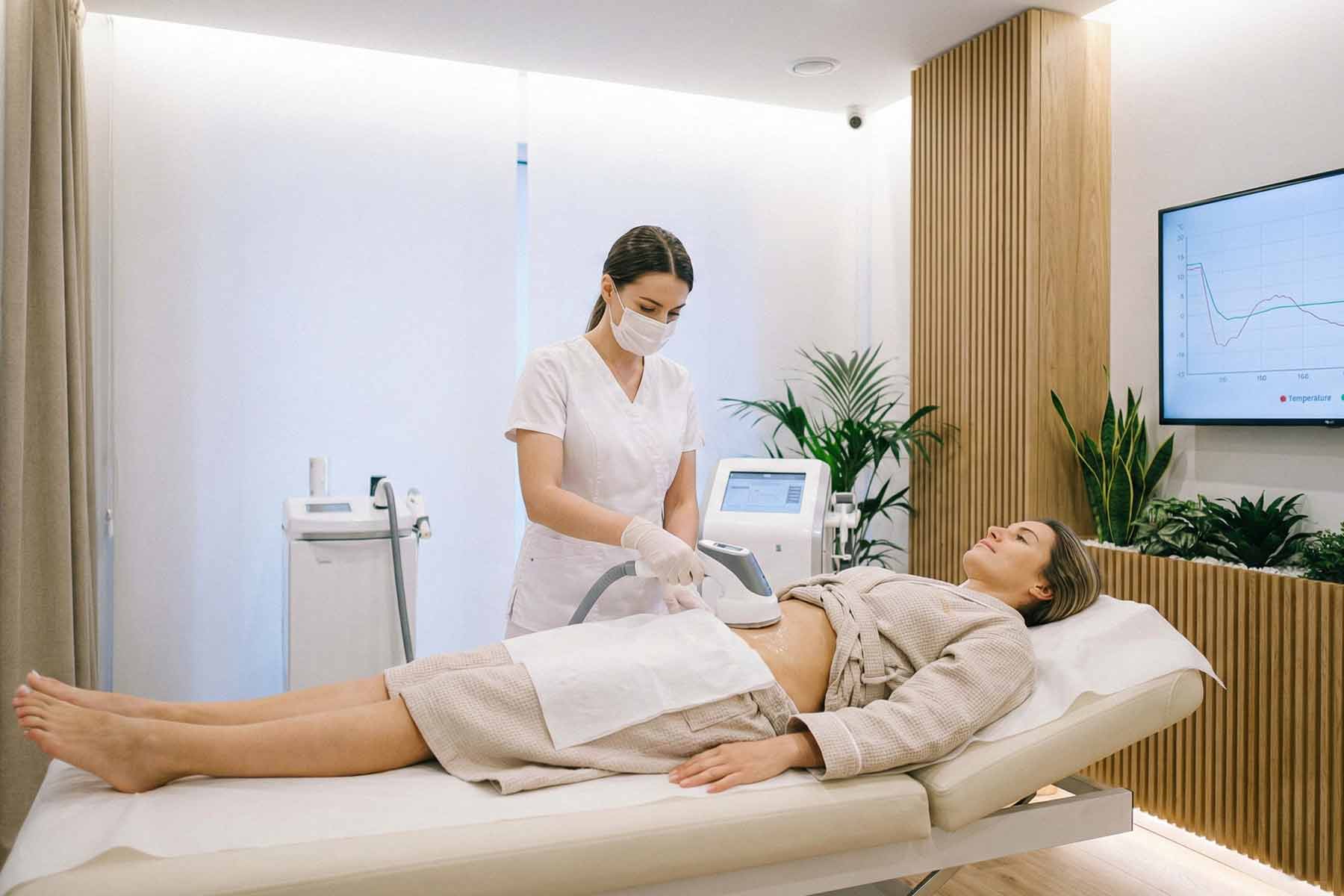 Medical aesthetician performing CryoSlimming treatment on client in modern wellness clinic