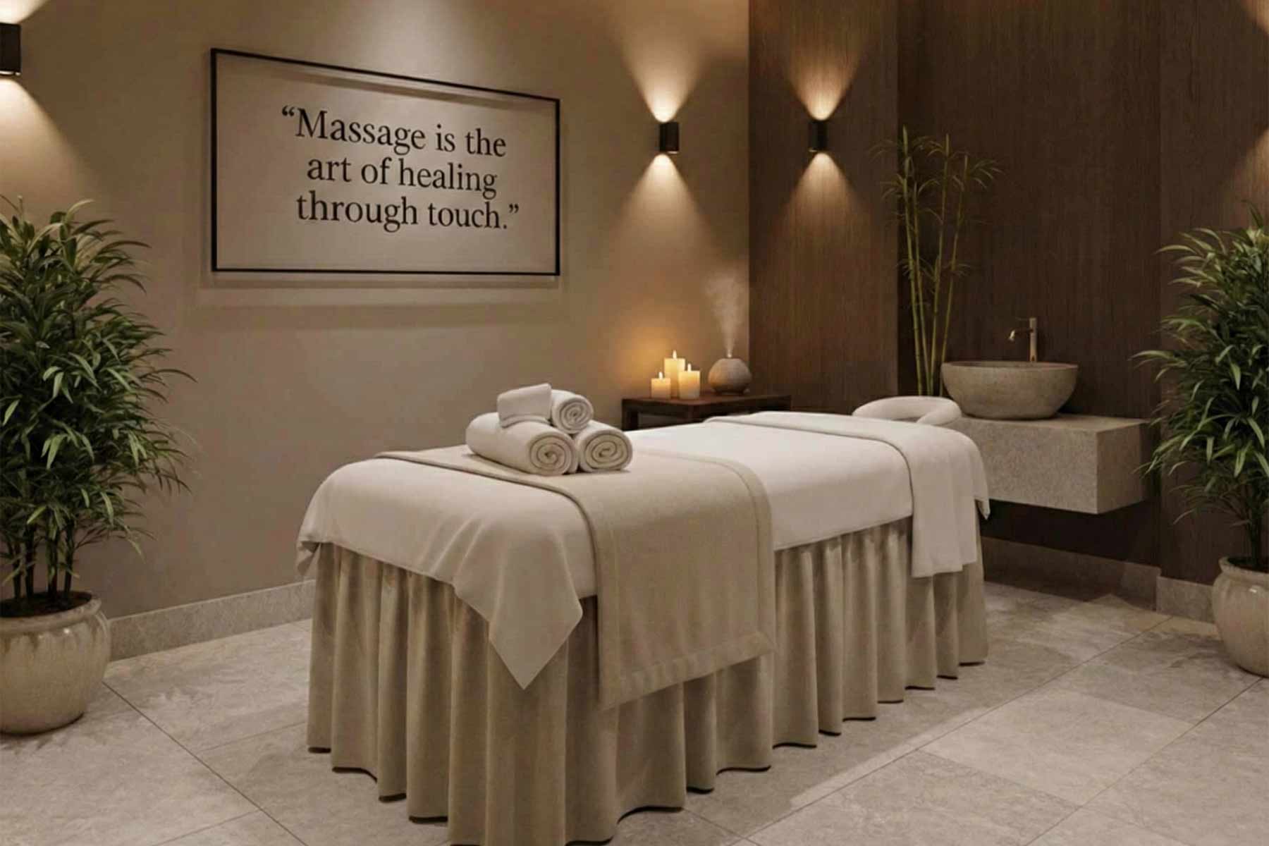 A massage therapy room with framed massage quote on the wall